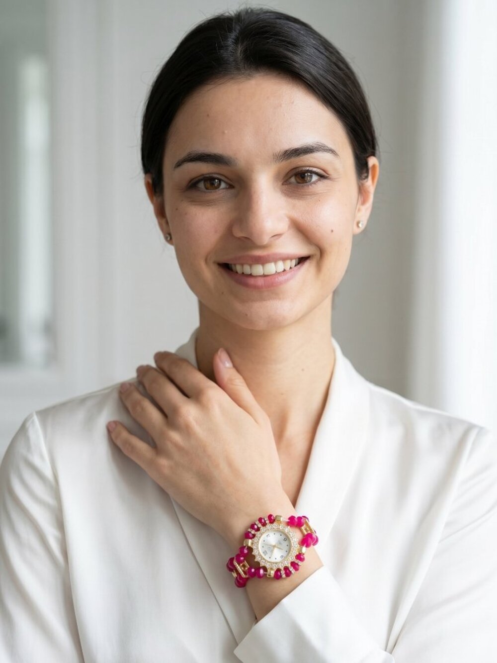 Vintage Style Gold & Hot Pink Beaded Quartz Watch Rhinestone Accents